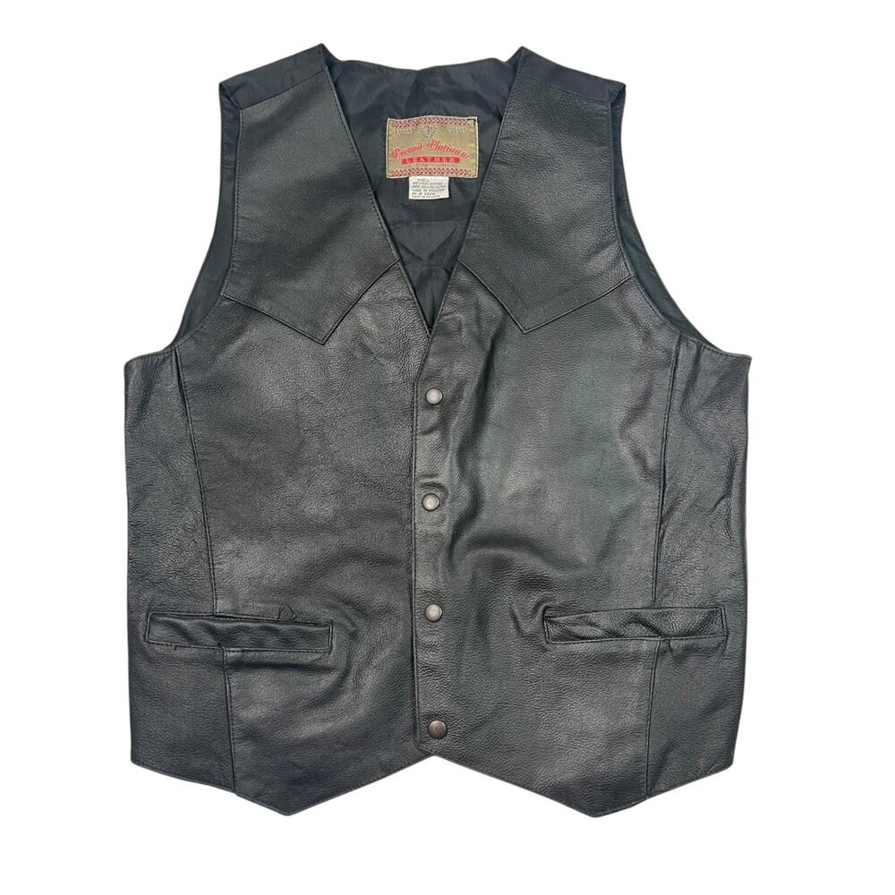 Vintage 80s Pebbled Leather Front Vest Snap Front Black Mens Large